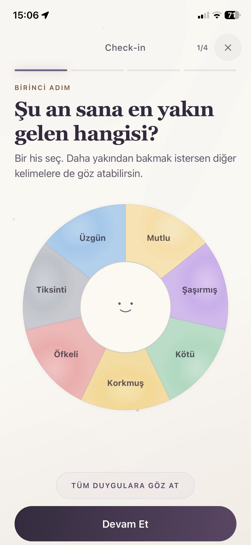 LYORA uygulamasının gerçek duygu çarkı ekranı